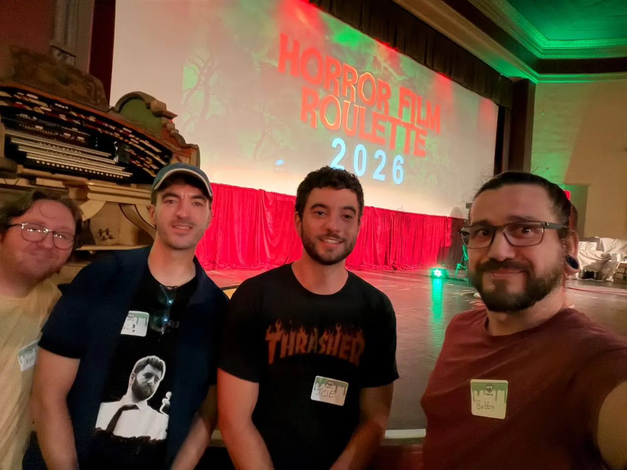 Kyle, Al, Joe and Bobby in front of the Horror Film Roulette 2026 screen