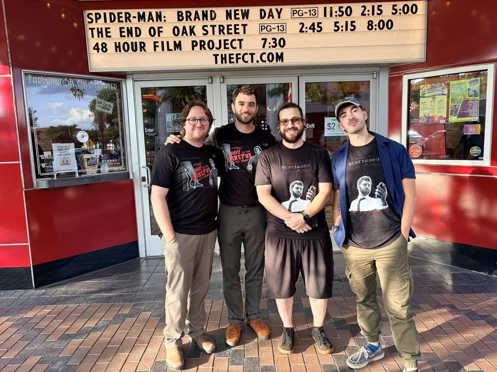 Scattered crew outside Farmington Civic Theater