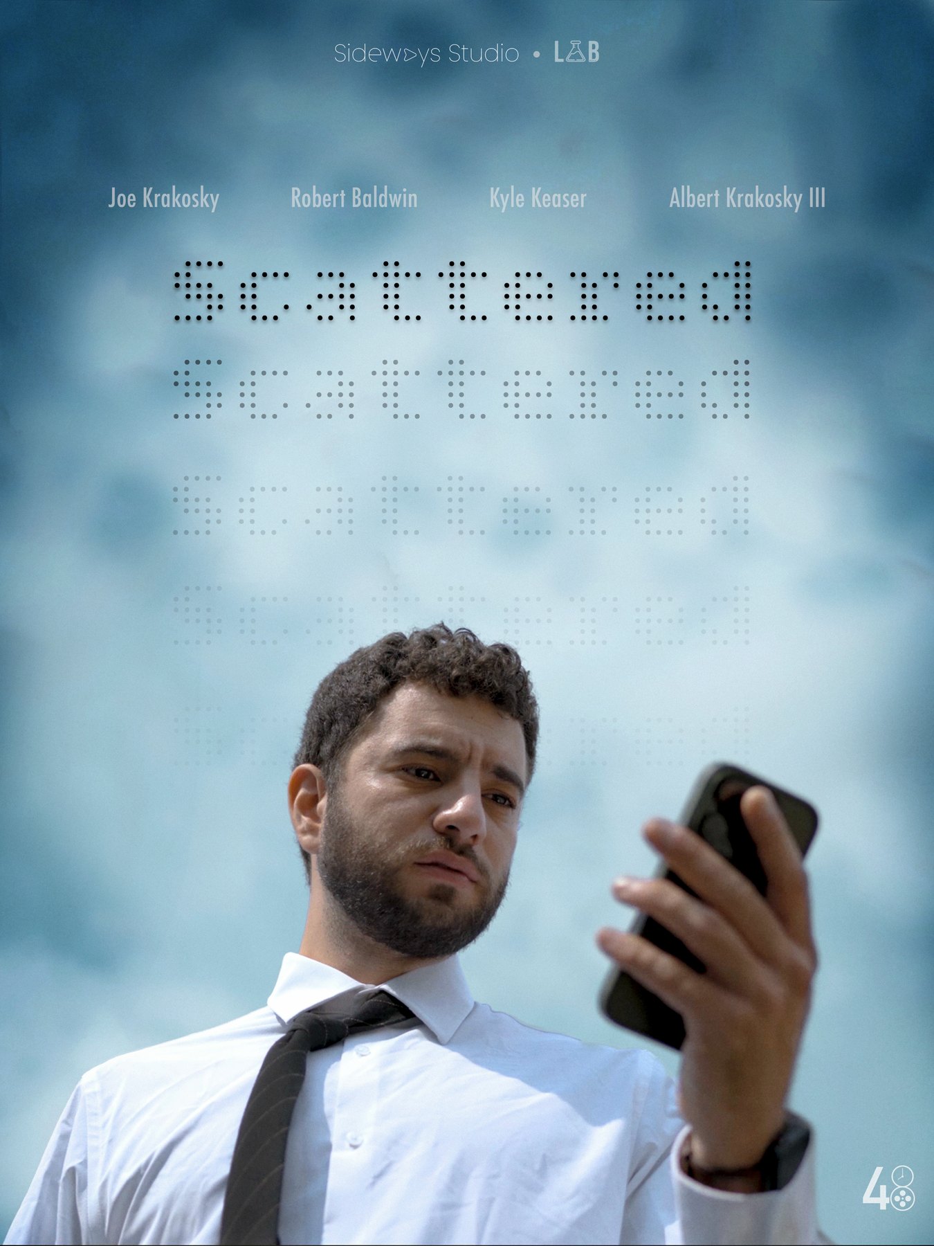 Scattered poster : the title set in a dot matrix that repeats and fades down the page